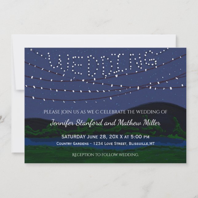 Invitación Luces de cuerdas de boda rústica en el país (Anverso)