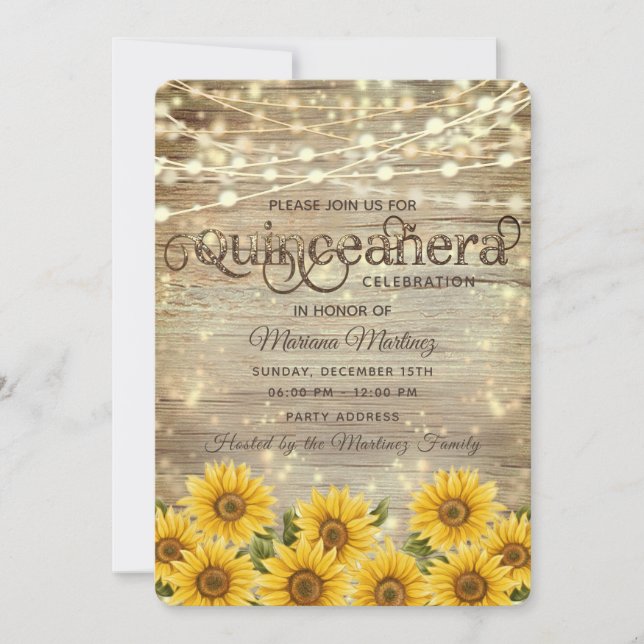 Invitación Luces de cuerdas de girasol campestre Quinceañera (Anverso)