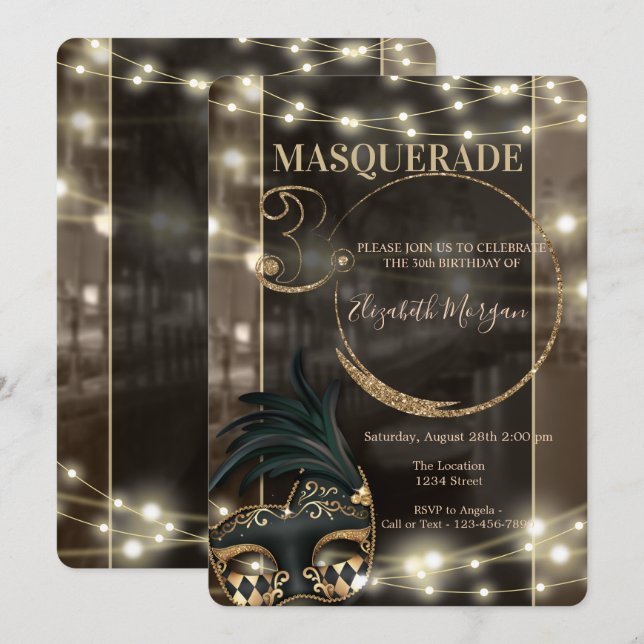 Invitación Luces de Cuerdas de Máscara Disfraz 30 Cumpleaños  (Anverso / Reverso)
