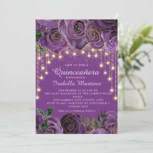 Invitación Luces de Cuerdas Doradas con Flores Purpúreas y Es