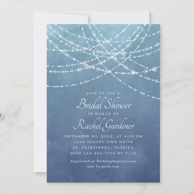 Invitación Luces de cuerdas Dusty Blue Bridal Shower (Anverso)
