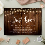 Invitación Luces de cuerdas, Elopement, Nothing Fancy Just Lo<br><div class="desc">Bella Nada Fancy,  Just Love fiesta,  Boda Elopement Invitación / tarjeta de invitación,  en madera oscura marrón rústica moderna,  diseño de String Lights. Esto es perfecto para tu recepción de bodas y fiesta de celebración post-boda. Añade tus detalles en letras / fuentes coincidentes. Teesha Derrick</div>