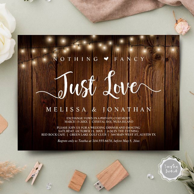Invitación Luces de cuerdas, Elopement, Nothing Fancy Just Lo (Nothing Fancy Just Love Invitation Card, Modern Rustic String Lights, Cottage Brown Wood.)