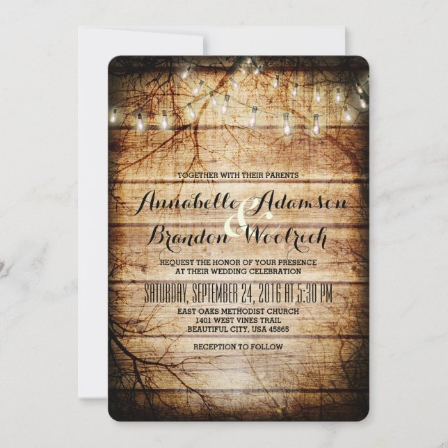 Invitación Luces de cuerdas en la Rústica de la Madera de Bar (Anverso)