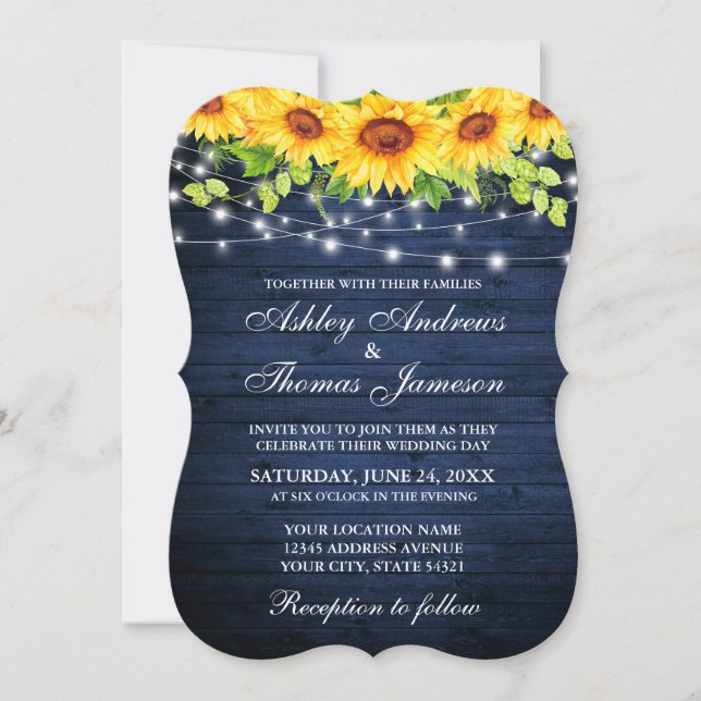 Invitación Luces de cuerdas florales de girasol de madera azu (Anverso)