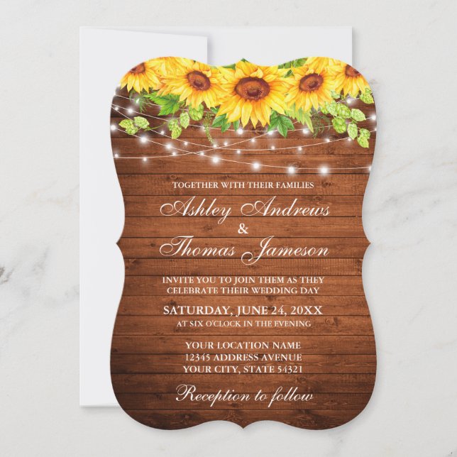 Invitación Luces de cuerdas florales de girasol de madera rús (Anverso)