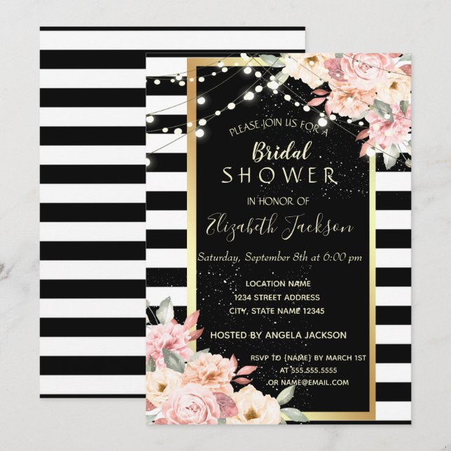 Invitación Luces de cuerdas florales, ducha de novia a rayas (Anverso / Reverso)