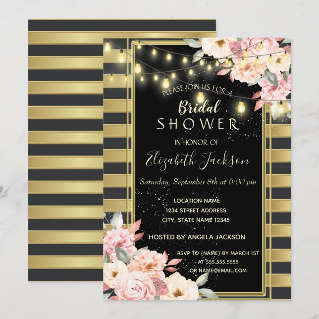 Invitación Luces de cuerdas florales, ducha de novias con ray (Anverso / Reverso)