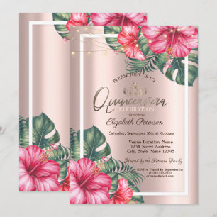 Invitación Luces de cuerdas Hibuscus Rosa Gold Quinceañera