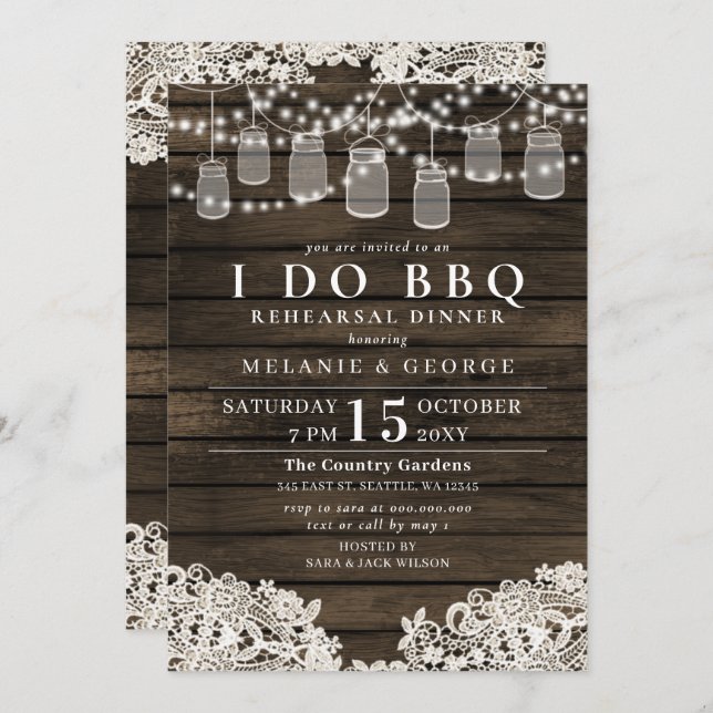 Invitación Luces de cuerdas Mason Jars I DO BBQ Rehearner (Anverso / Reverso)