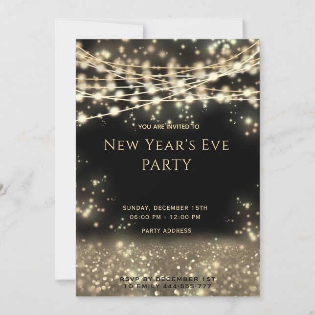 Invitación Luces de cuerdas negras de oro Nochevieja (Anverso)