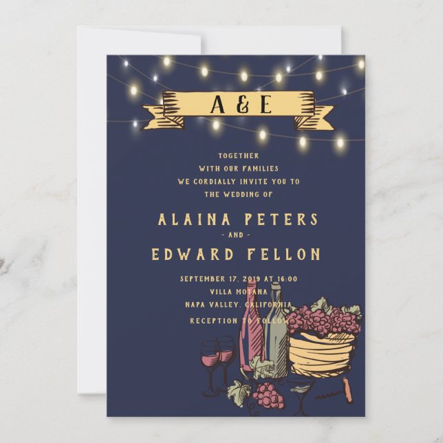 Invitación Luces de Cuerdas Rústicas para Bodas en Viñedos (Anverso)
