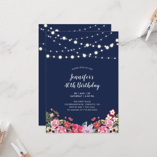 Invitación Luces de cuerdas y fiesta de cumpleaños para adult (Anverso/Reverso In Situ)