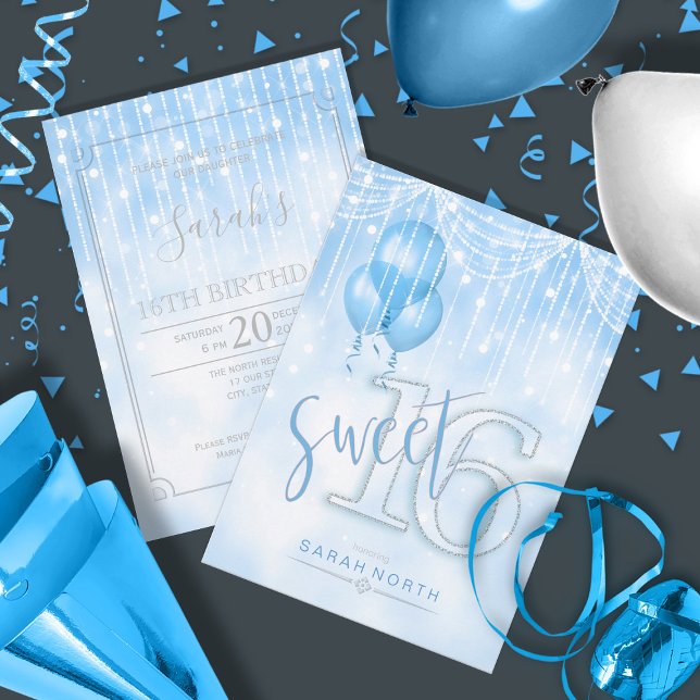 Invitación Luces de cuerdas y globos dulces 16 Lt. Blue ID473 (Front/Back In Situ)