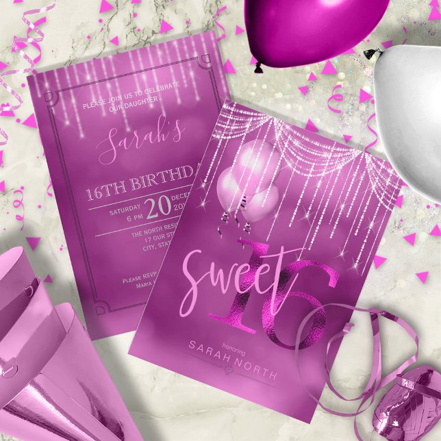 Invitación Luces de cuerdas y globos dulces 16 Orquídea ID473 (Front/Back In Situ)