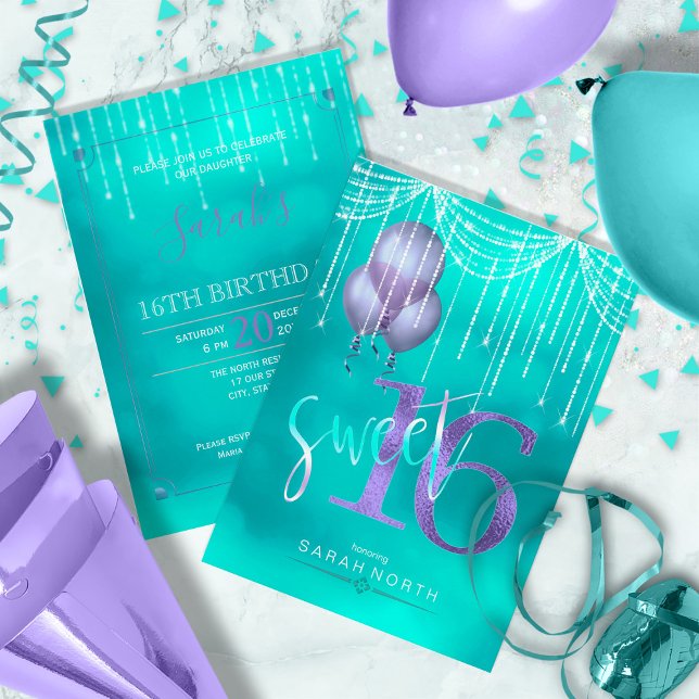Invitación Luces de cuerdas y globos dulces 16 TealPurple ID4 (Back/Front In Situ)