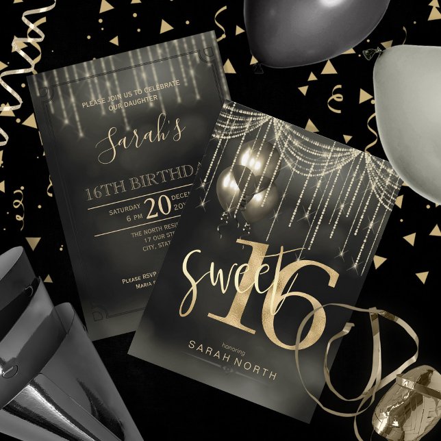 Invitación Luces de cuerdas y globos Sweet 16 Black/Gold ID47 (Front/Back In Situ)