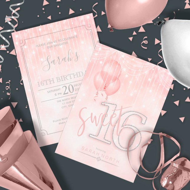 Invitación Luces de cuerdas y globos Sweet 16 Gold ID473 Rosa (Front/Back In Situ)