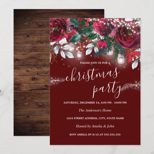 Invitación Luces de destellos florales rojos rústicos para fi (Anverso / Reverso)