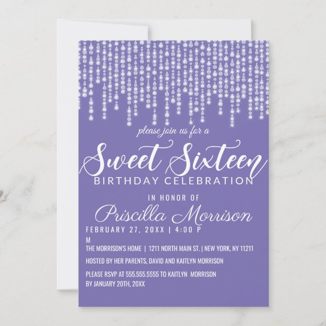 Invitación Luces de diamante morado colgantes dulces 16 (Anverso)