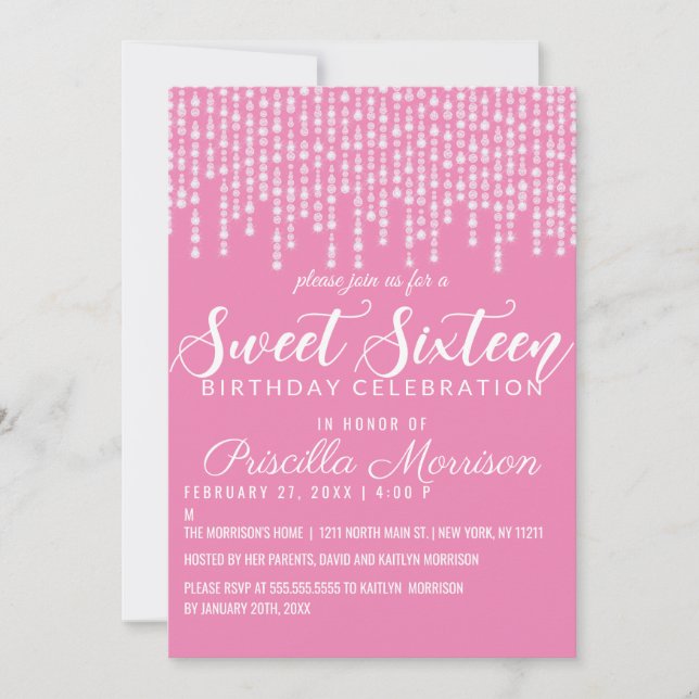 Invitación Luces de diamante rosa colgando de bóblago dulce 1 (Anverso)