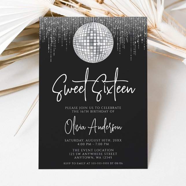 Invitación Luces de Disco Plateado Negro Dulces 16 (Subido por el creador)