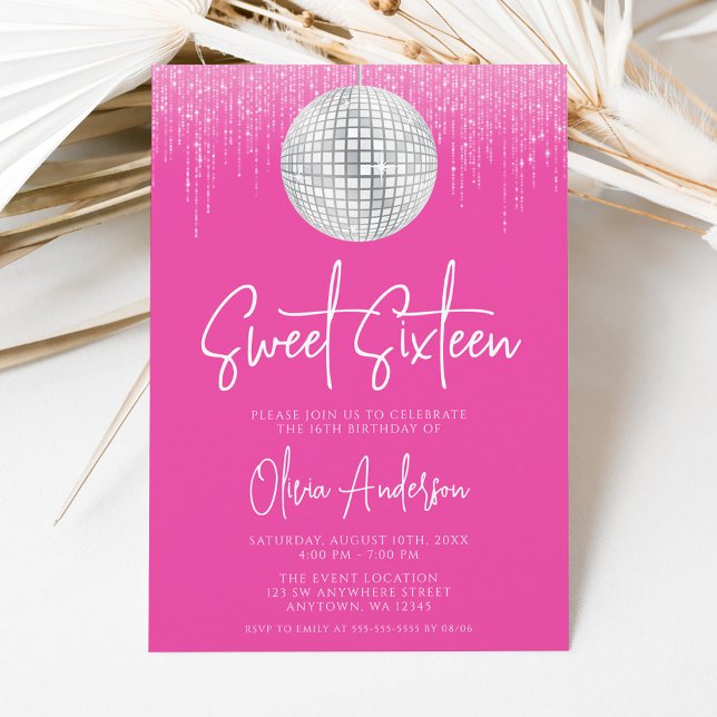 Invitación Luces de Disco Rosa Plateado Dulce 16 (Subido por el creador)