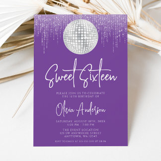 Invitación Luces de Disco Royal Purple Plateado Sweet 16