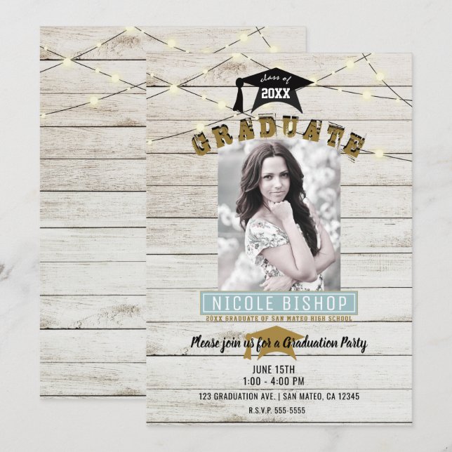 Invitación Luces de encaje de madera blanca Fiesta de graduac (Anverso / Reverso)