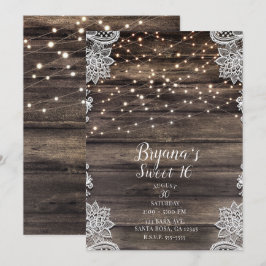Invitación Luces de encaje de madera marrón ceniza rústica Du