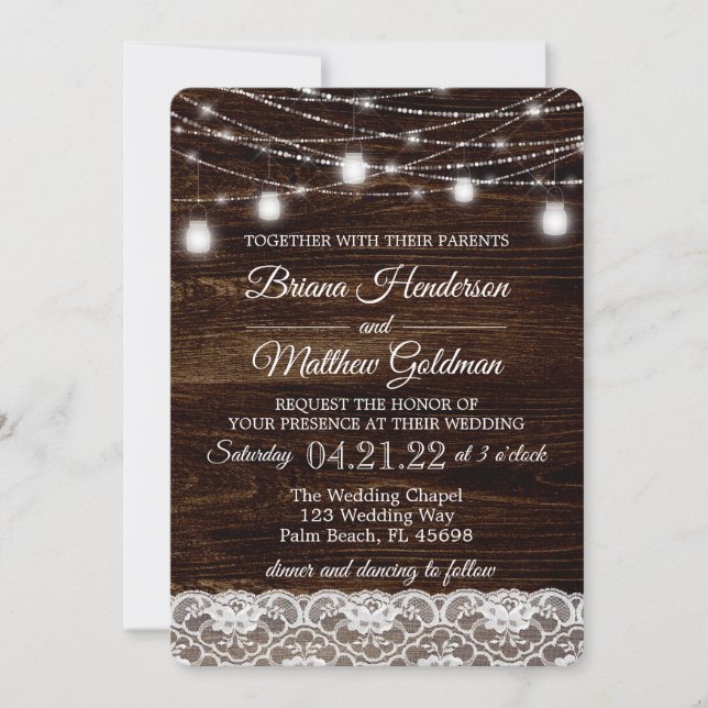 Invitación Luces de encaje de madera rústica boda (Anverso)