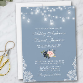 Invitación Luces de encaje del Boda floral azul turbio y rosa