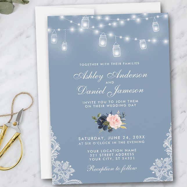 Invitación Luces de encaje del Boda floral azul turbio y rosa (Customize to add more text or photos to back of card.)