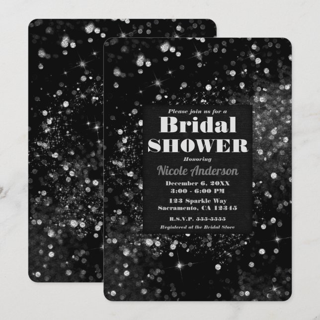 Invitación Luces de espuma negro y plateado Glam Bridal Showe (Anverso / Reverso)