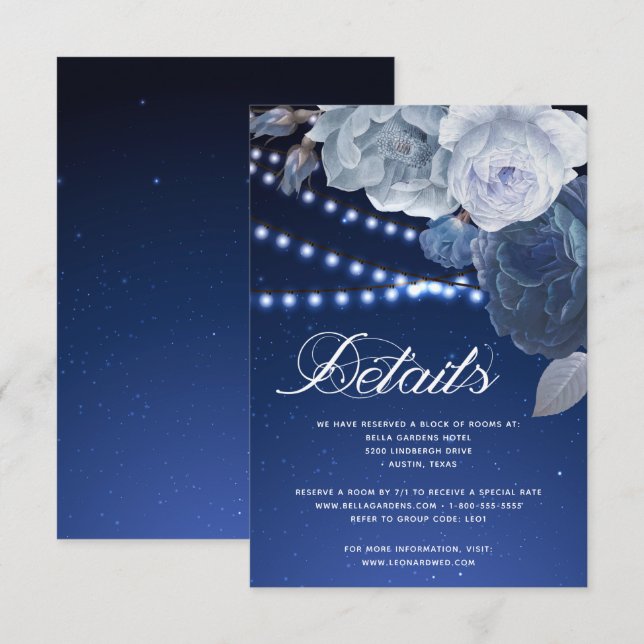 Invitación Luces de estrellas Elegantes para Bodas Azules Det (Anverso / Reverso)
