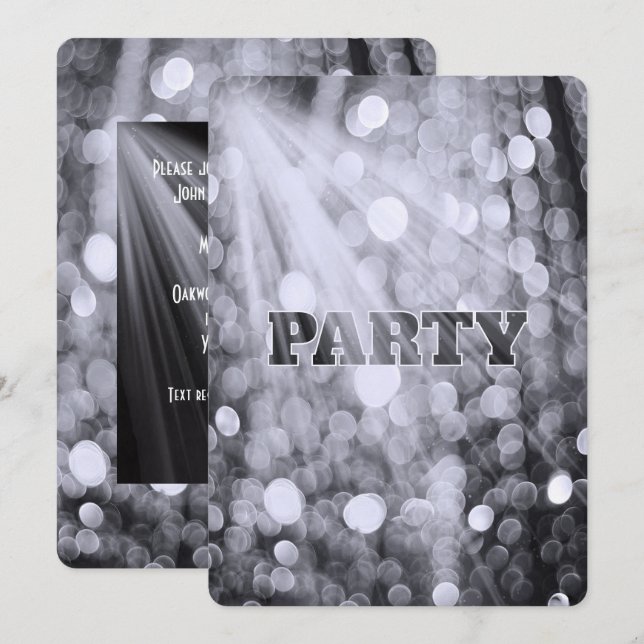 Invitación Luces de fiesta con bokeh plateado (Anverso / Reverso)
