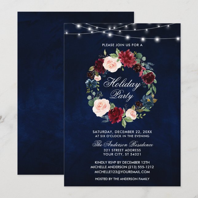 Invitación Luces de fiesta elegantes de acuarela floral navid (Anverso / Reverso)