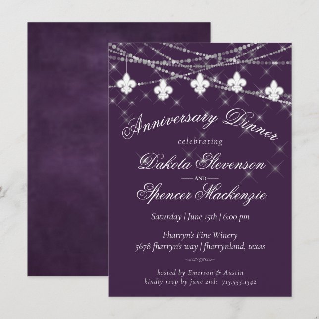 Invitación Luces de Fleur de Lis | Aniversario morado de Mood (Anverso / Reverso)
