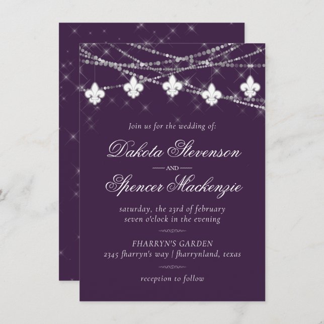 Invitación Luces de Fleur de Lis | Boda del tema morado de Mo (Anverso / Reverso)