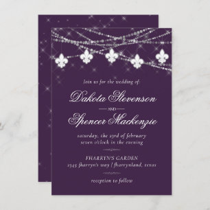 Invitación Luces de Fleur de Lis   Boda del tema morado de Mo
