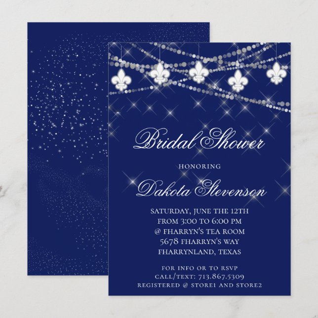 Invitación Luces de Fleur de Lis | Ducha temática del Mardi G (Anverso / Reverso)