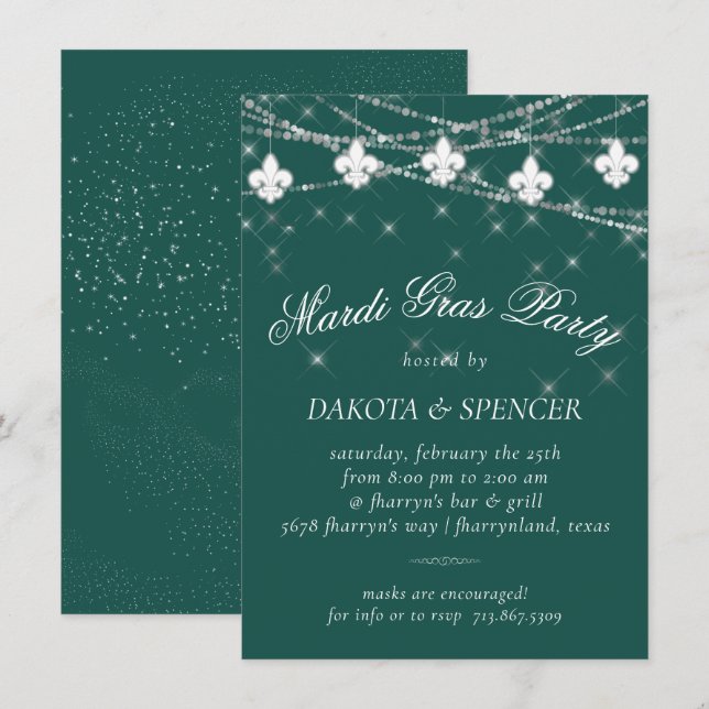 Invitación Luces de Fleur de Lis | Fiesta del Mardi Gras Verd (Anverso / Reverso)