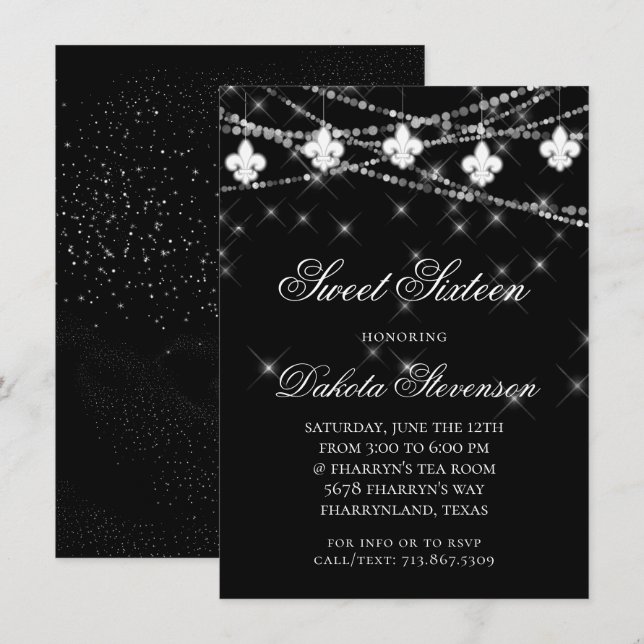 Invitación Luces de Fleur de Lis | Mardi Gras Dulce negro 16 (Anverso / Reverso)