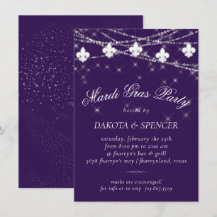 Invitación Luces de Fleur de Lis   Morado Moody Mardi Gras