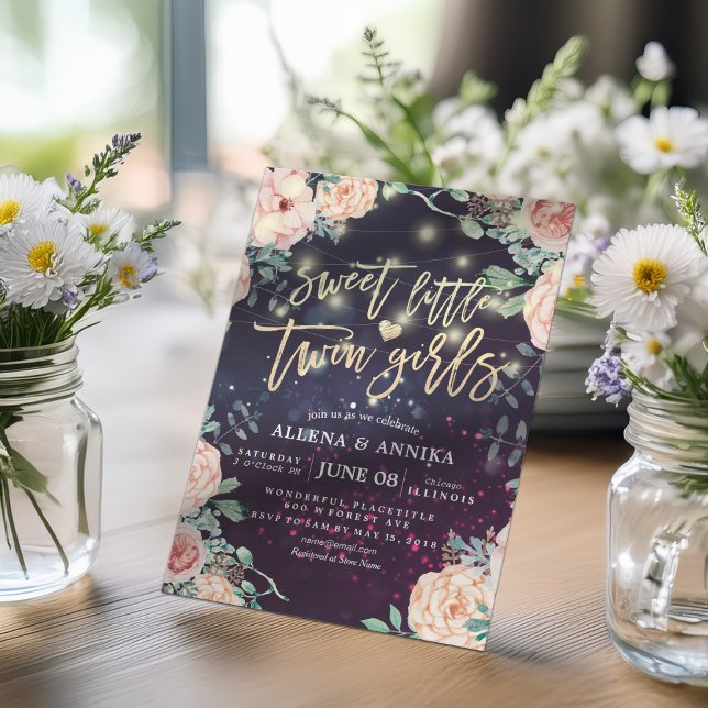 Invitación Luces de flores de Chicas gemelos dulces de Baby S (Subido por el creador)