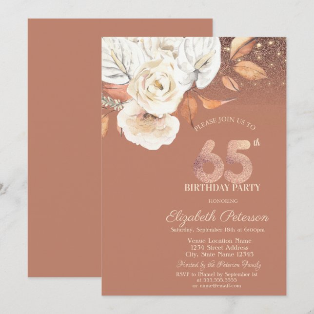 Invitación Luces de Flores de Otoño Brillo Cumpleaños 65 (Anverso / Reverso)