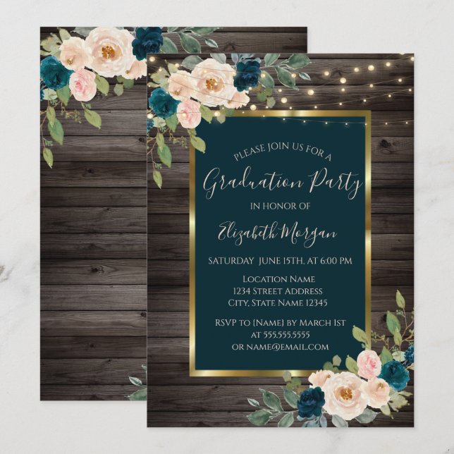 Invitación Luces de flores rosas, fiesta de graduación de mad (Anverso / Reverso)