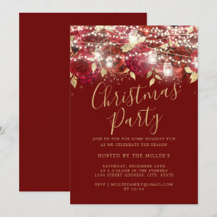 Invitación Luces de Follaje de Oro Rojo Fiesta de Navidad
