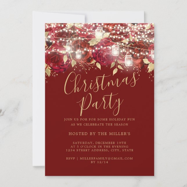 Invitación Luces de Follaje Dorado Rojo Fiesta de Navidad (Anverso)
