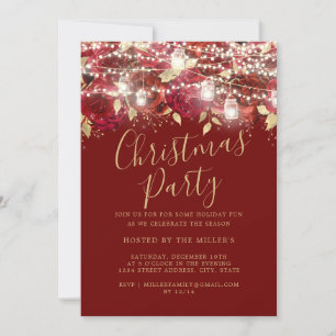 Invitación Luces de Follaje Dorado Rojo Fiesta de Navidad